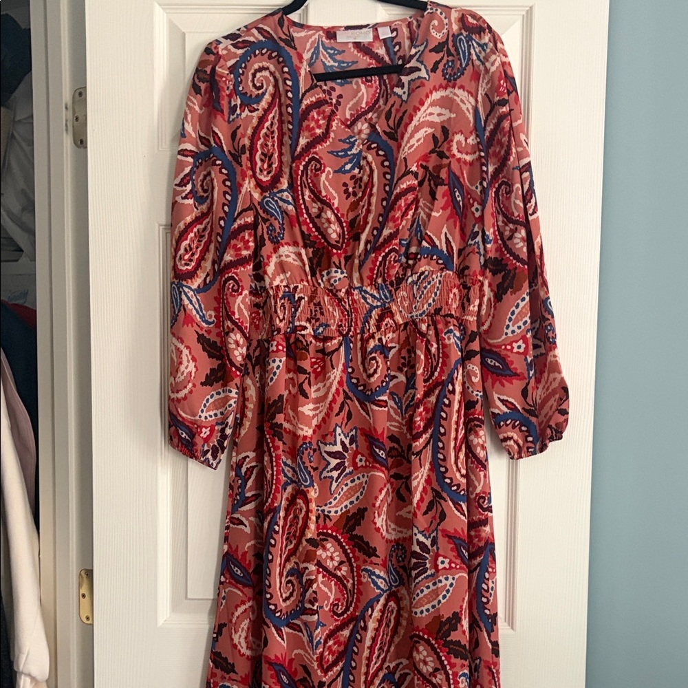 Belle by Kim Gravel Red and Blue Paisley Long Sleeve Dress